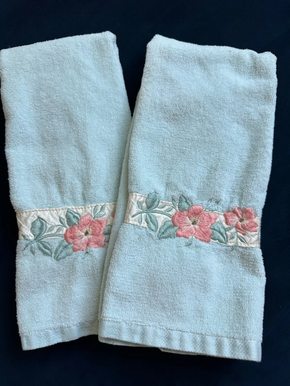 Vintage water works light blue hand towels with satin coral pink flower border